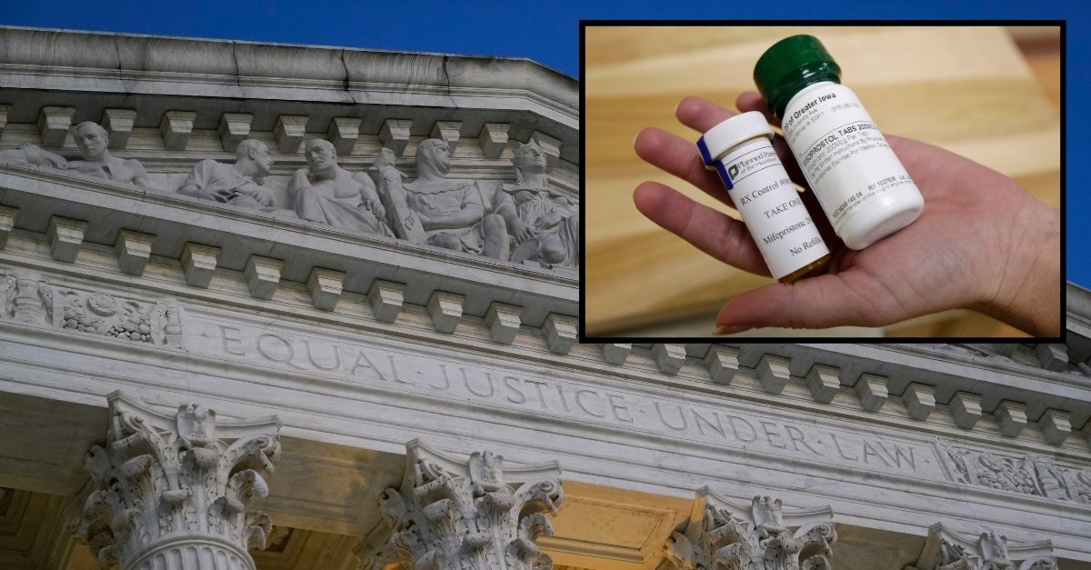 Background: Light illuminates part of the Supreme Court building on Capitol Hill in Washington, Nov. 16, 2022. (AP Photo/Patrick Semansky, File)/Inset: Bottles of abortion pills mifepristone, left, and misoprostol, right, at a clinic in Des Moines, Iowa, on Sept. 22, 2010. AP Photo/Charlie Neibergall, File.