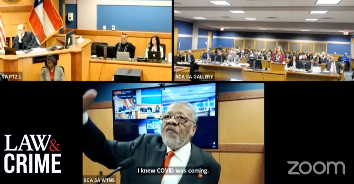 John Floyd, III testifies in the bottom image; Judge Scott McAfee appears in the top left; the gallery appears in the top right