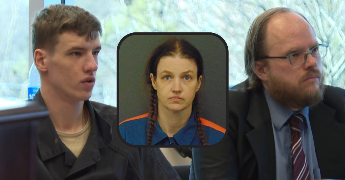 Paul Ferguson listens to the judge sentencing him to 30-to-100 years in prison for his role in his mother, Shanda Margaret Vander Ark (pictured inset), murdering his brother, Timothy Ferguson. (Screenshot: WZZM; mug shot of Vander Ark: Michigan Department of Corrections)