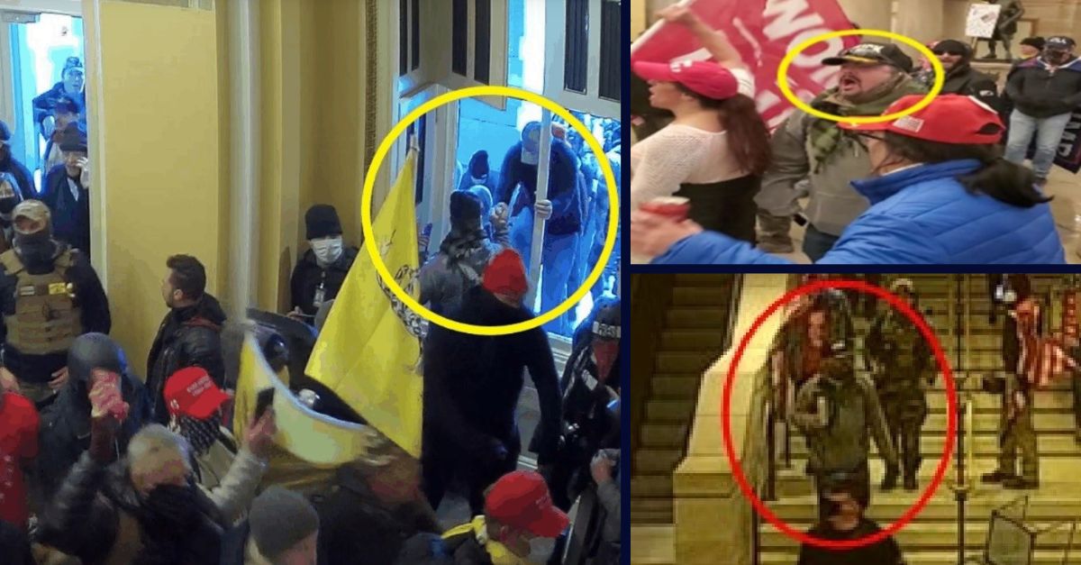 Left: Miles Adkins, circled in yellow in Justice Department exhibit, is seen helping a fellow rioter through a broken window moments after Adkins also climbed through it./ Top right: Adkins in crypt, yelling at officers. Courtesy Justice Department court records. Bottom right: Miles Adkins, circled in red, holds a canned Coors Lite. Prosecutors say they were able to identify him in part because he bragged about drinking the beverage inside the Capitol in Facebook messages to friends.