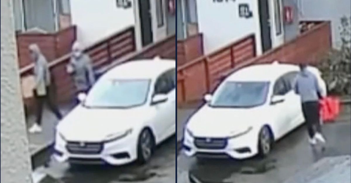 Left/ Surveillance footage allegedly showing Marlly Jarina Ardila-Urrego and Chun Ho Vincent Lai, who is allegedly in disguise as an Amazon delivery driver. Right/ Lai allegedly carrying a red bag containing the kidnapped child (KOMO screenshots)