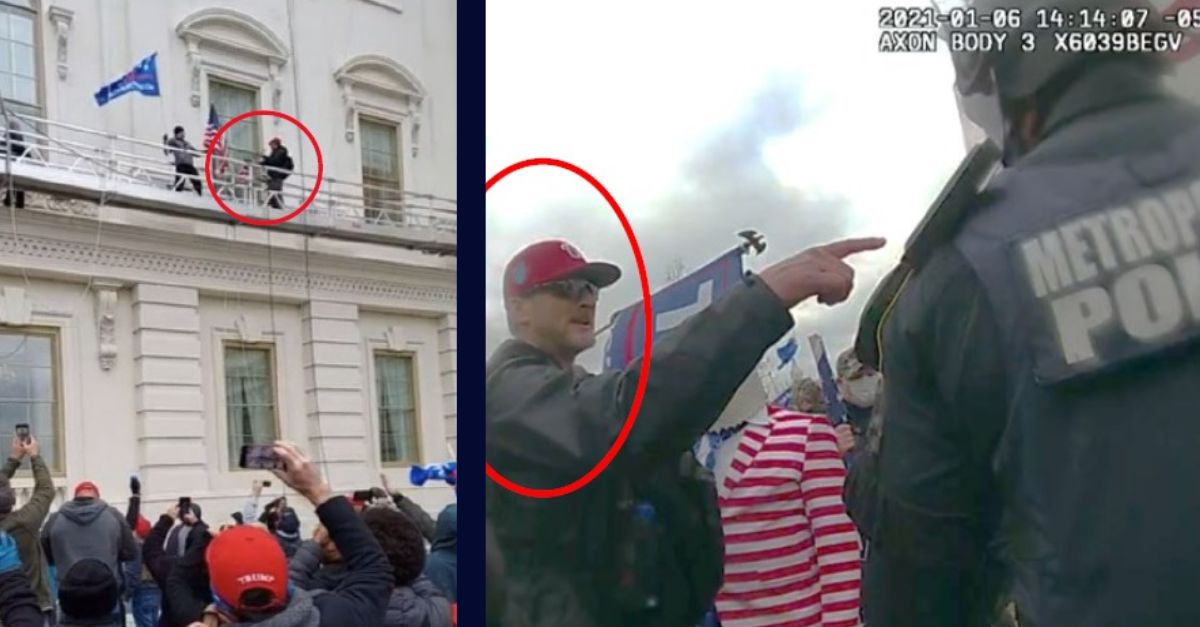 Left: Third-party video footage of Jason Farris using a flag pole to hit a window of the Capitol building provided by Justice Department. Right: Metropolitan Police Department body-worn camera video showing Farris using a slur to insult police officers. U.S. Dept. of Justice trial exhibits. 