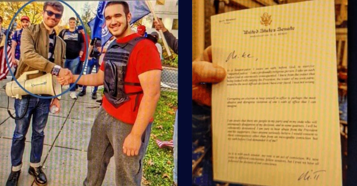 Trial exhibits show David Bowman, left, with Nick Fuentes. This and other photos were found on a cell phone seized through a warrant. On the right, a photo found on the device shows a letter sent by Mitt Romney that prosecutors said Bowman sent a picture of to co-defendants in a group chat on Jan. 6, 2021.