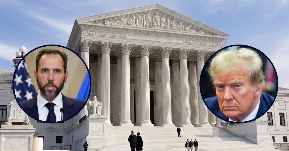 Background: U.S. Supreme Court. (AP Photo/J. Scott Applewhite, File). Inset left: Special counsel Jack Smith, Scott Applewhite, File./Right Former President Donald Trump attends the closing arguments in the Trump Organization civil fraud trial at New York State Supreme Court in the Manhattan borough of New York, Jan. 11, 2024. (Shannon Stapleton/Pool Photo via AP, File)