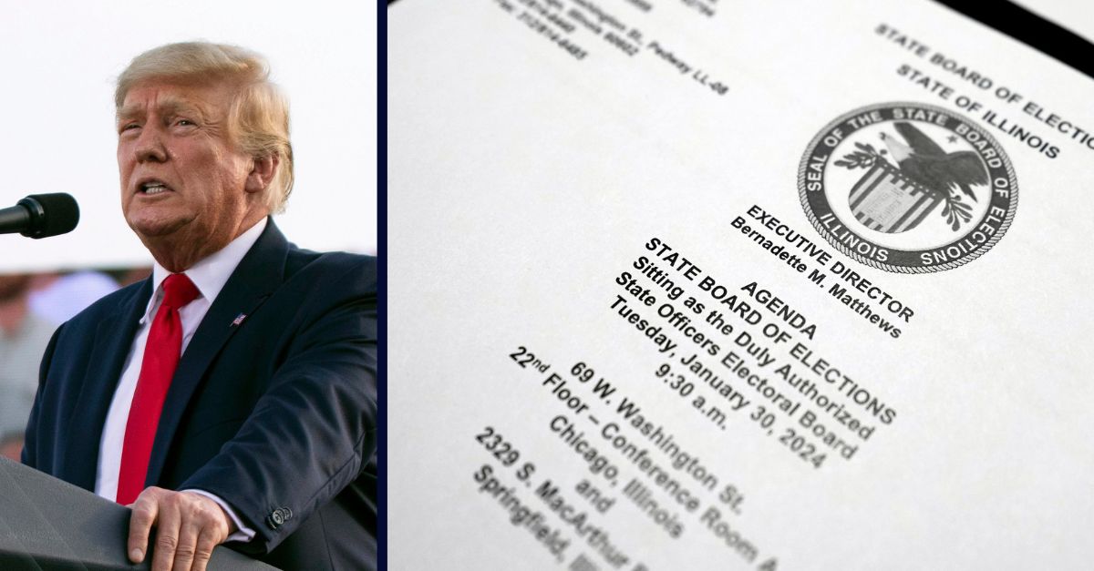Left: Former President Donald Trump speaks at a rally at the Adams County Fairgrounds in Mendon, Ill., Saturday, June 25, 2022 (Mike Sorensen/Quincy Herald-Whig via AP). Right: Information papers are seen on a table during the Illinois State Board of Elections meeting in Chicago, Tuesday, Jan. 30, 2024. Illinois (AP Photo/Nam Y. Huh).
