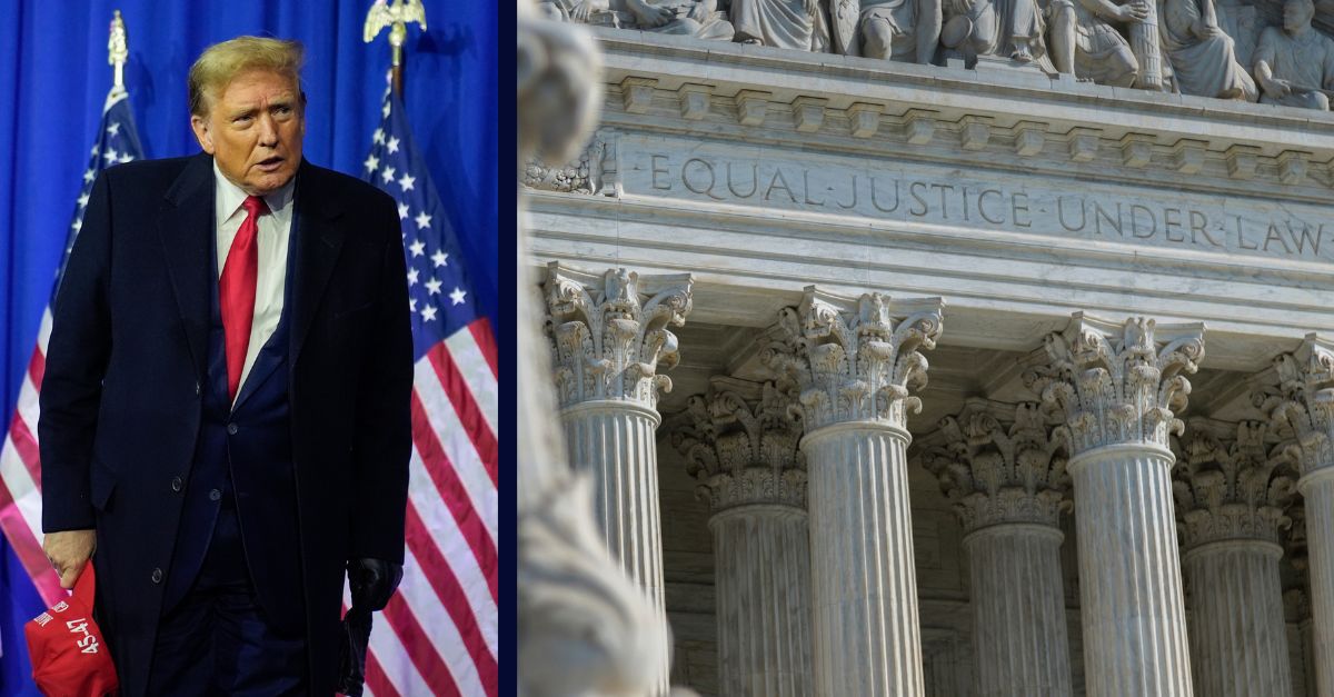 Republican presidential candidate former President Donald Trump attends a campaign rally in Waterford Township, Mich., Saturday, Feb. 17, 2024. (AP Photo/Paul Sancya)/The U.S. Supreme Court building in Washington, D.C. is seen on February 16, 2024. (Photo by Bryan Olin Dozier/NurPhoto via AP)