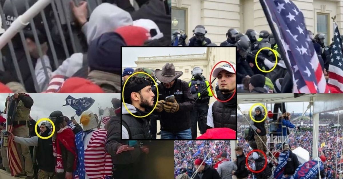 Matthew Valentin, circled in yellow in center; Andrew Valentin circled in red, Department of Justice court records. Exhibits clockwise from top right: Enlarged image depicting Matthew Valentin grabbing a police officer through a metal barrier./Matthew Valentin