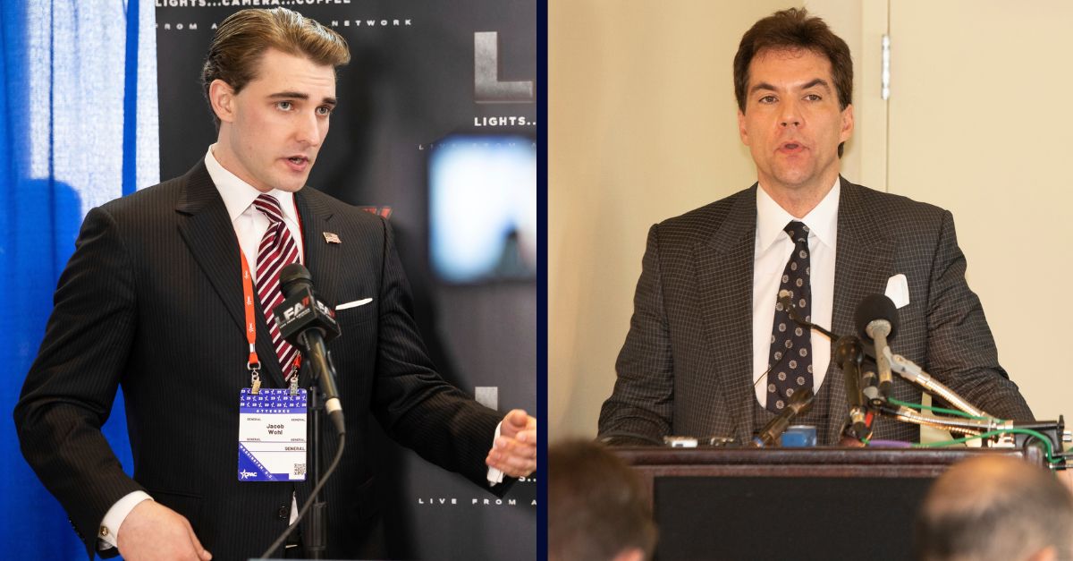 Left: Conservative conspiracist Jacob Wohl gives an interview at the Conservative Political Action Conference (CPAC) at the Gaylord National Resort and Convention Center in National Harbor, Md., March 2, 2023. (Francis Chung/POLITICO via AP Images)/Right: NOV 1, 2018 : Jack Burkman speak to the media about alleged allegations against Robbert Mueller at the Holiday Inn in Rosslyn Va. Not pictured here but standing next to Burkman in same photo at press conference was also Jacob Wohl. (Credit Image: © John Middlebrook/CSM via ZUMA Wire) (Cal Sport Media via AP Images)