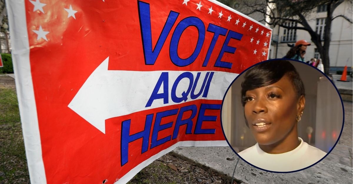 Background: A sign directs voters to a Texas primary election polling site on the University of Texas campus, Tuesday, March 6, 2018, in Austin, Texas. (AP Photo/Eric Gay)./Inset: Crystal Mason appears for an interview after her acquittal in March 2024. YouTube screengrab ABC affiliate WFAA.