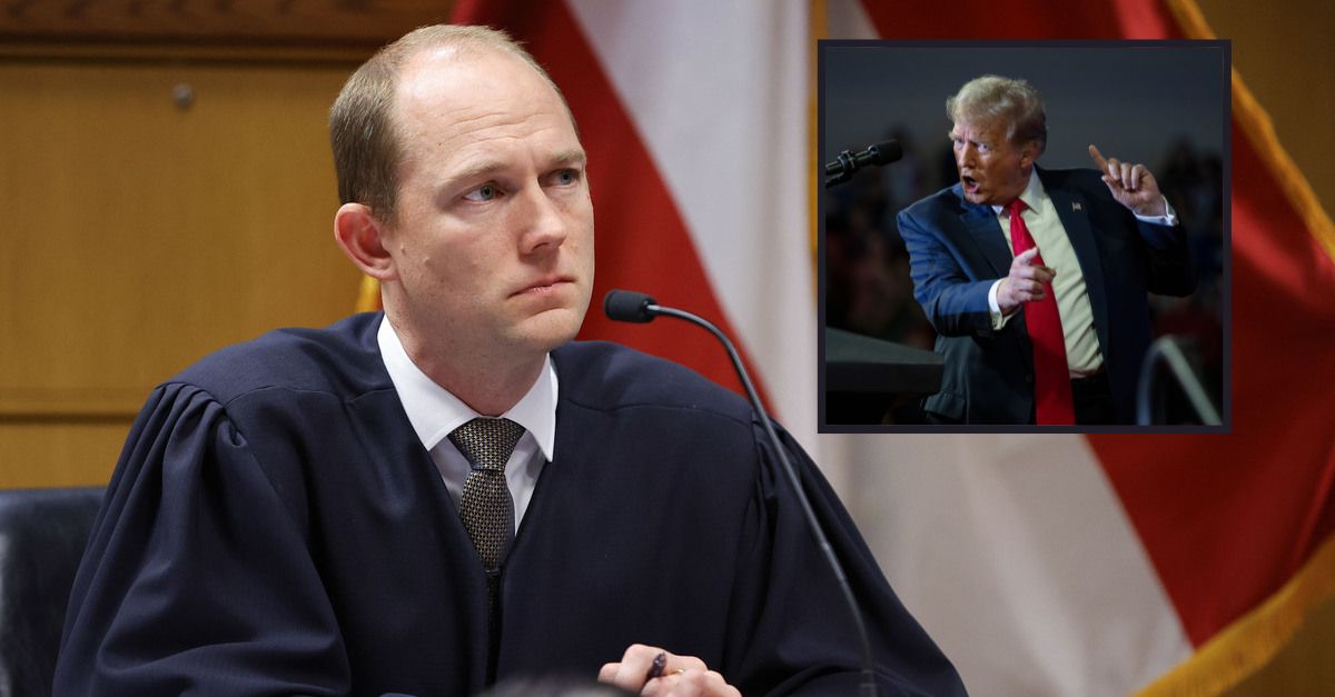 Fulton County Superior Judge Scott McAfee presides in court, Friday, March, 1, 2024, in Atlanta. (AP Photo/Alex Slitz, Pool). Inset: Donald Trump speaks at a Get Out The Vote rally at Coastal Carolina University in Conway, S.C., Saturday, Feb. 10, 2024. (AP Photo/Manuel Balce Ceneta) 
