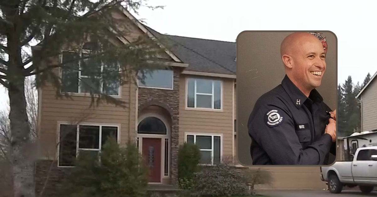 Kevin West, pictured here in a 2019 promotion ceremony to battalion chief for the Camas-Washougal Fire Department, murdered his wife, Marcelle "Marcy" West" at this home, say deputies in Clark County, Washington. (Screenshot of home: KPTV; image of defendant West: City of Camas)