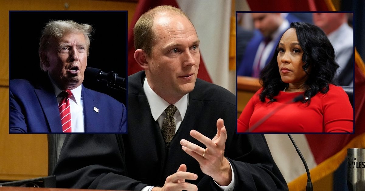 Fulton County Superior Judge Scott McAfee flanked by inset images of Donald Trump, on the left, and Fani Willis, on the right