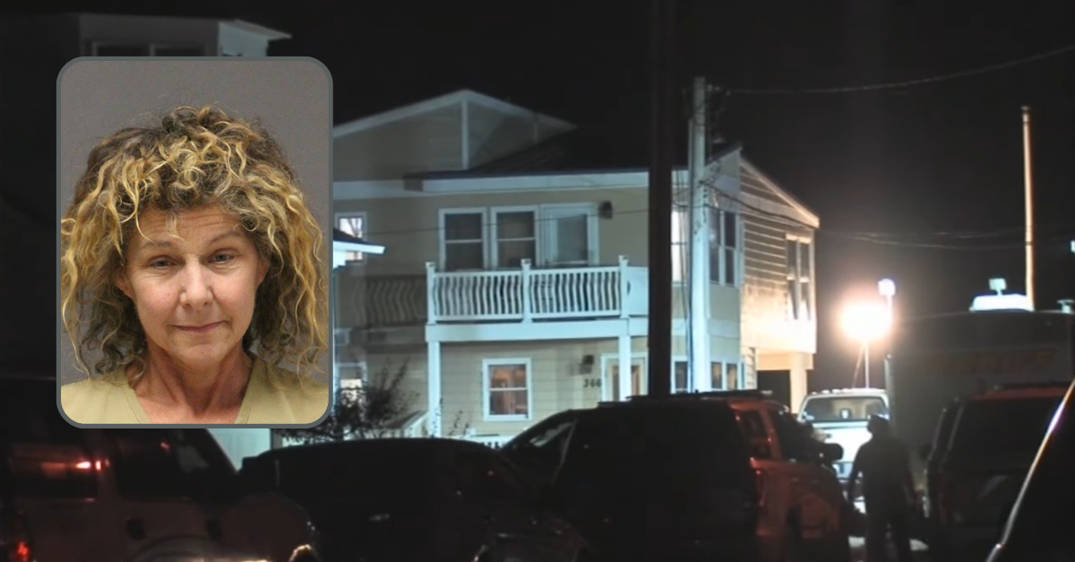 Sherry Lee Heffernan, pictured in the inset, murdered her father, John "Jack" Enders, and his girlfriend, Francoise “Frenchy” Pitoy, at this home in Surf City, New Jersey (Mug shot: Ocean County Jail; screenshot: WPVI)