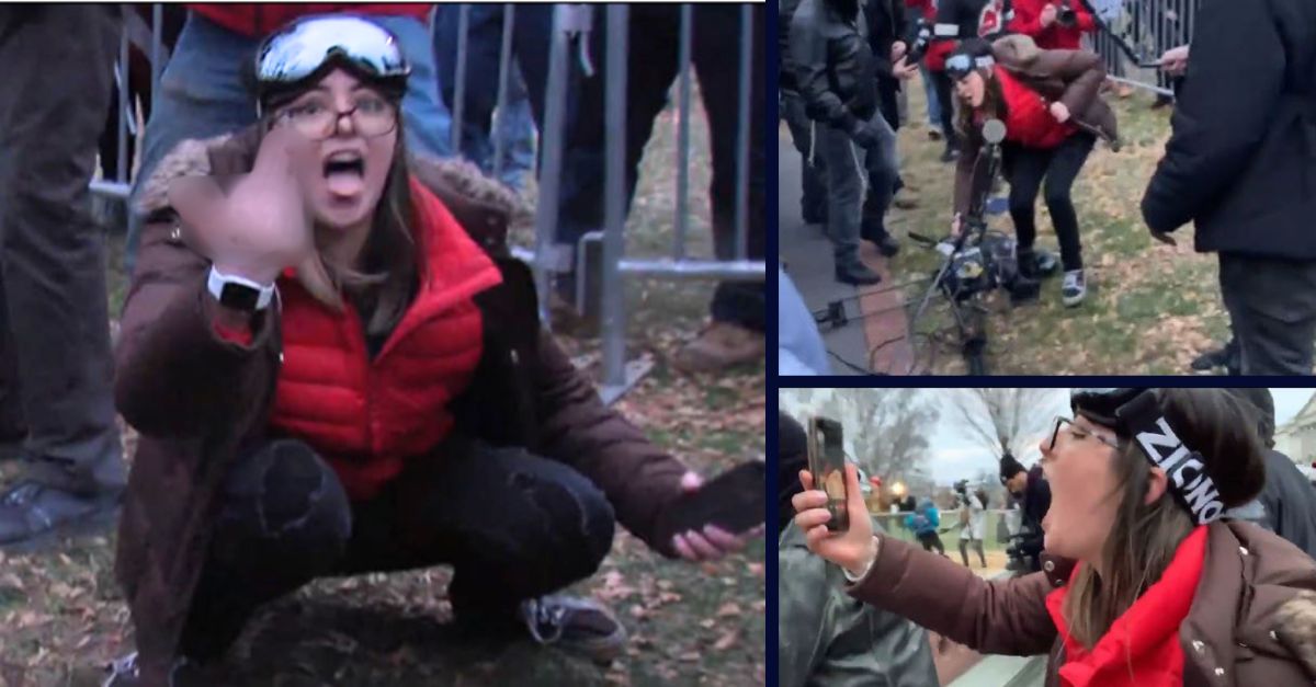 Clockwise left to right: Accused Jan. 6 rioter Kayla Reifschneider uses an obscene gesture outside of the Capitol in 2021. Prosecutors say the top left image shows her destroying press equipment and bottom right screaming at them before spitting at them.