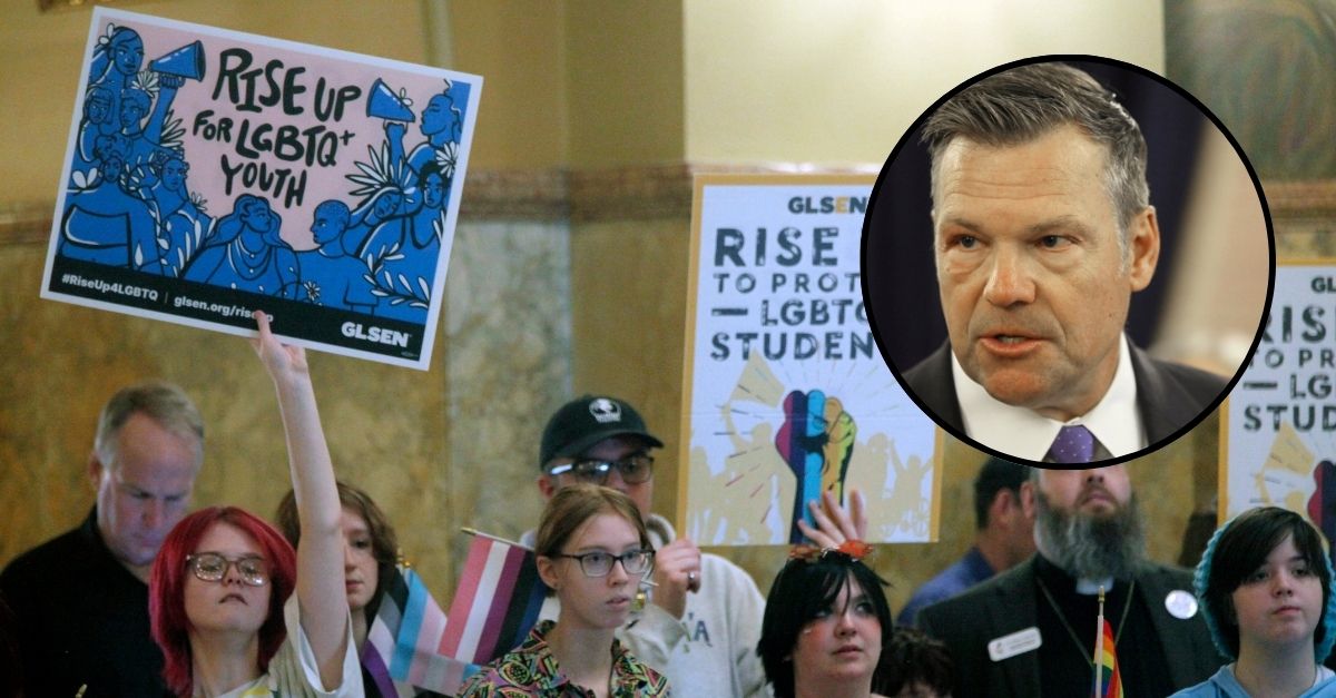 Background: Kansas high school students, family members and advocates rally for transgender rights, Wednesday, Jan. 31, 2024, at the Statehouse in Topeka, Kansas. (AP Photo/John Hanna)/Inset: Kansas Attorney General Kris Kobach answers questions during a news conference, June 26, 2023, at the Statehouse in Topeka, Kansas. (AP Photo/John Hanna, File)