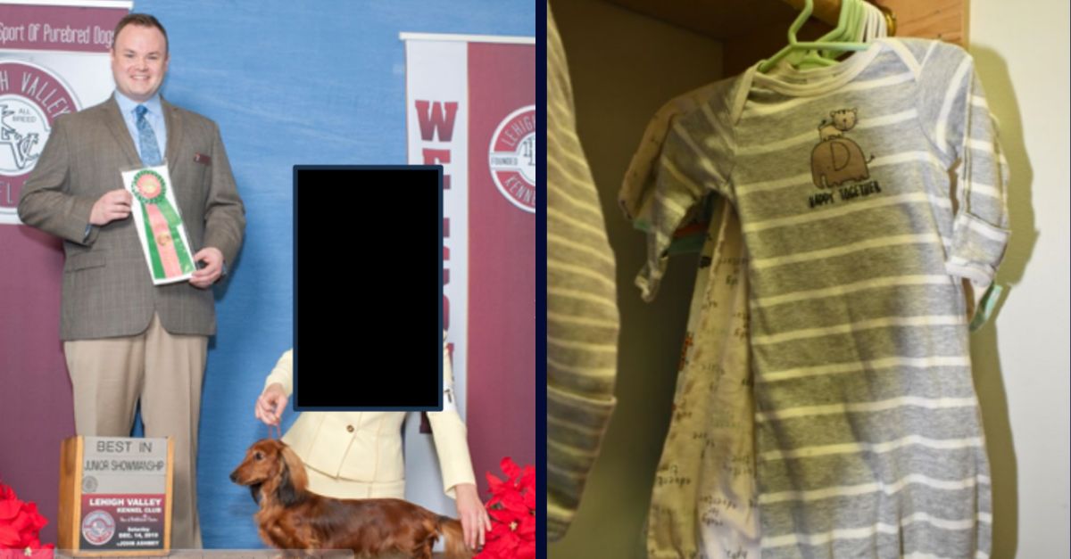 Left: Criminal complaint exhibits show defendant Adam Stafford King at the Lehigh Valley Kennel Club Star of Bethlehem Dog Show, held in Allentown,Pennsylvania in and around December 13-15, 2019 where he served as judge./Right: A baby outfit found in illicit photos and messages allegedly sent by King was discovered in a closet by the FBI during a search.
