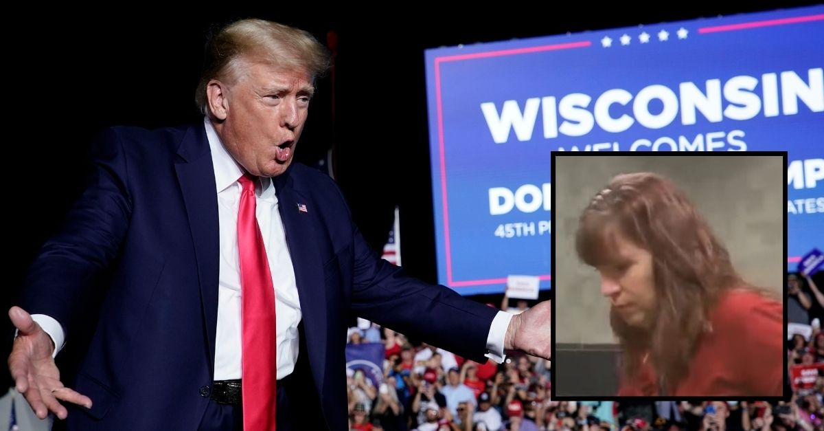 Background: Former President Donald Trump speaks at a rally Friday, Aug. 5, 2022, in Waukesha, Wis. (AP Photo/Morry Gash, File)/Inset: Appearing in court this week, former election official Kimberly Zapata appears in Milwaukee County Circuit Court. YouTube screengrab Fox affiliate WITI. 
