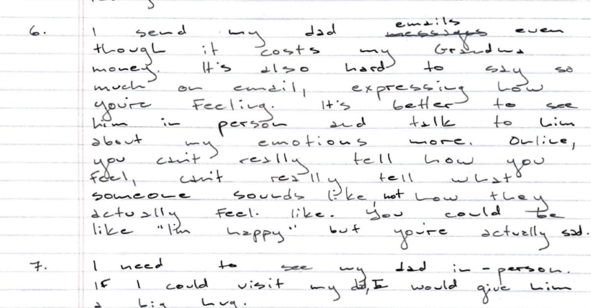 A handwritten affidavit from an inmate's 12-year-old child (via complaint against St. Clair County officials and Securus Technologies).