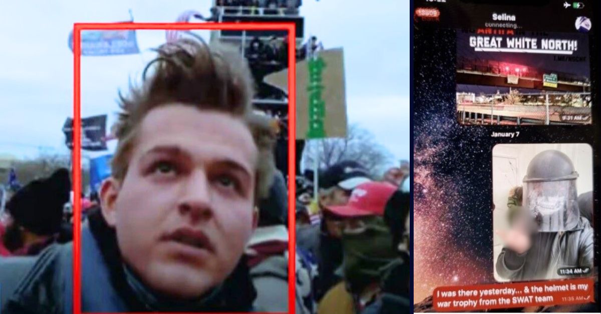 Left: Jan. 6 rioter Richard Ackerman identified in photos provided by Justice Department with red square. Right: Justice Department photo exhibit shows a text message sent by Ackerman where he celebrates stealing a police officer