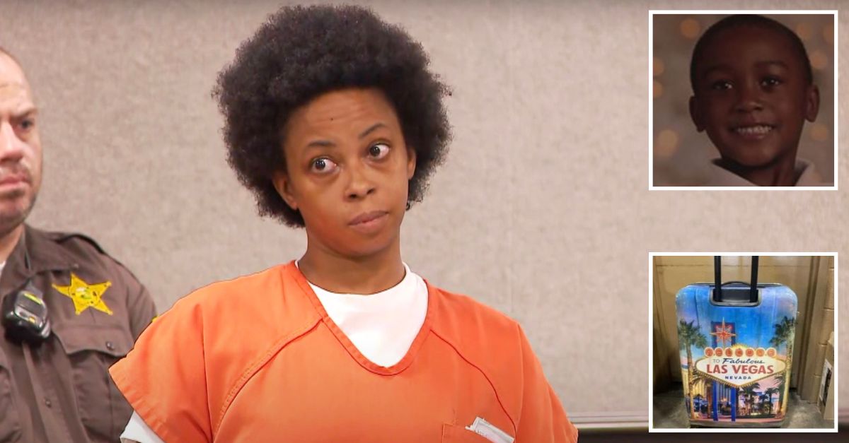 Dejaune Anderson at her sentencing hearing (WHAS/YouTube screenshot), Cairo Jordan and the suitcase in which his body was discovered (Indiana State Police)