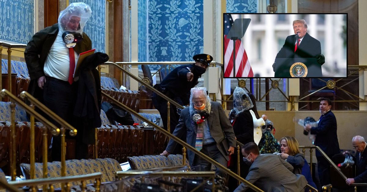  People shelter in the House gallery as rioters try to break into the House Chamber at the U.S. Capitol on Wednesday, Jan. 6, 2021, in Washington. (AP Photo/Andrew Harnik)/ Inset: Then-president Donald Trump speaks during a rally protesting the electoral college certification of Joe Biden as President in Washington, Jan. 6, 2021. (AP Photo/Evan Vucci)