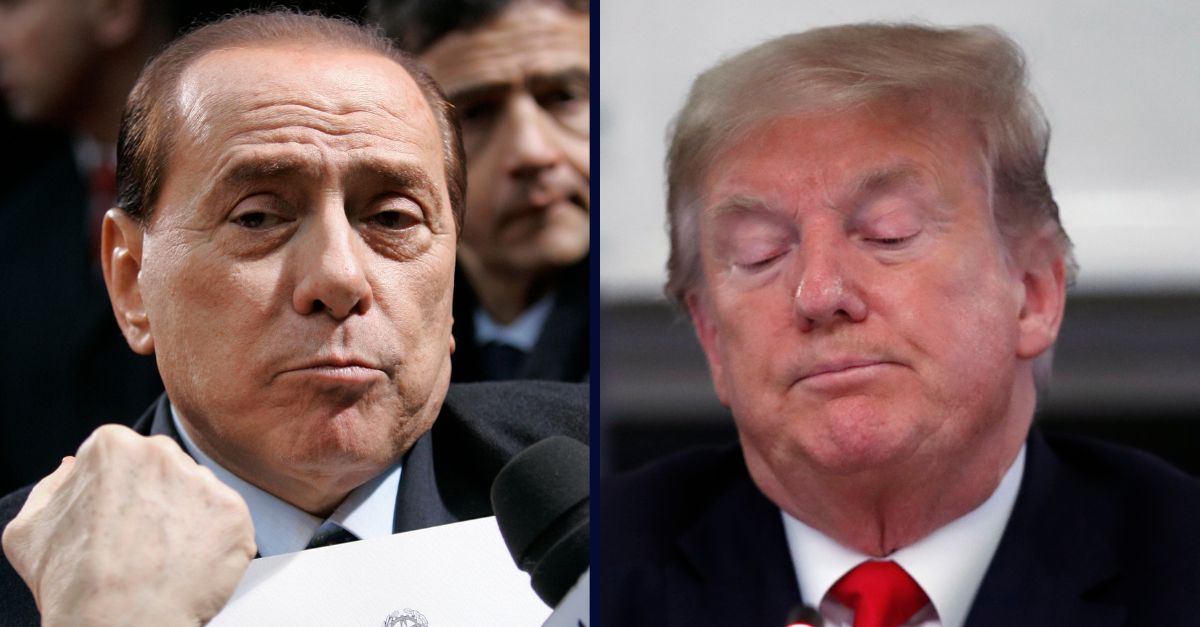 Left: Italian Prime Minister Silvio Berlusconi gestures while speaking as he leaves an EU summit in Brussels, Friday Dec. 12, 2008. (AP Photo/Yves Logghe)/Right: Donald Trump listens during a roundtable with industry executives about reopening country after the coronavirus closures, May 29, 2020, in Washington. (AP Photo/Alex Brandon)