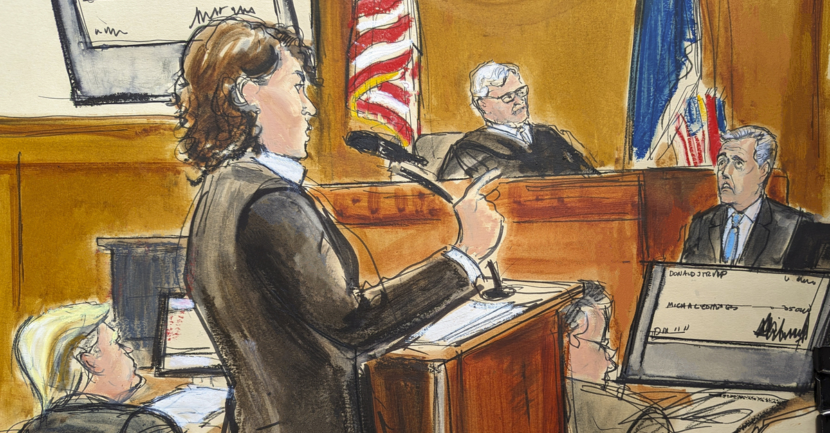 Assistant district attorney Susan Hoffinger questions Michael Cohen, right, as former President Donald Trump, far left, looks on in Manhattan criminal court, Tuesday, May 14, 2024, in New York. A check that Trump had written to Cohen and signed for monthly $35,000 payments is shown on the screens. Donald Trump's fixer-turned-foe Michael Cohen returned to the witness stand Tuesday, testifying in detail how former president was linked to all aspects of a hush money scheme that prosecutors say was aimed at stifling stories that threatened his 2016 campaign.