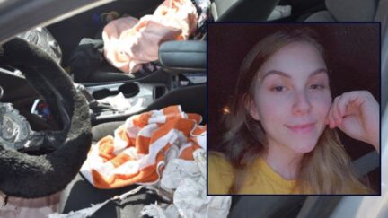 Destiny Byassee appears inset against an image of an airbag that exploded and allegedly took her life