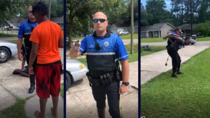De'Shaun Johnson, in the image to the left in the red shirt, was awarded $185,000 for the intentional infliction of emotional distress by St. Tammany Parish Sheriff's Office Deputy Ryan Moring, in the uniform in the left and middle photo, when the boy tried to film the arrest of his mother, Teliah Perkins, in the photo on the ground to the right, in Louisiana in May 2020. (Photos from court documents)