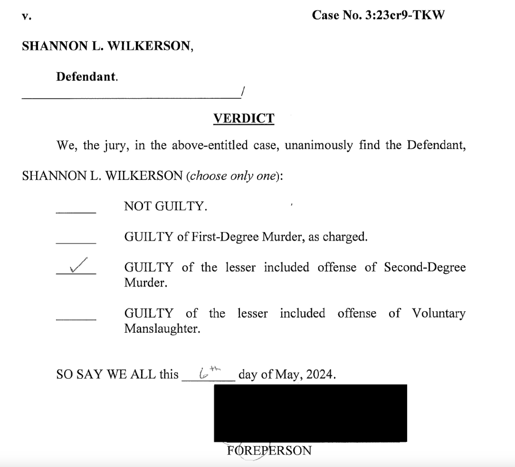 Shannon Wilkerson verdict sheet.