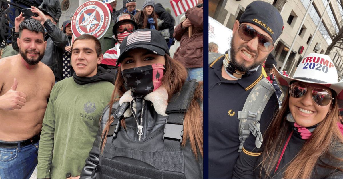 Left: Selfie photo taken by Barbara Balmaseda, right. Gabriel Garcia, left, unidentified man center. /Right: In a selfie photo seized off Proud Boy Gabriel Garcia's phone, Balmaseda appears smiling. Justice Department provided photos.