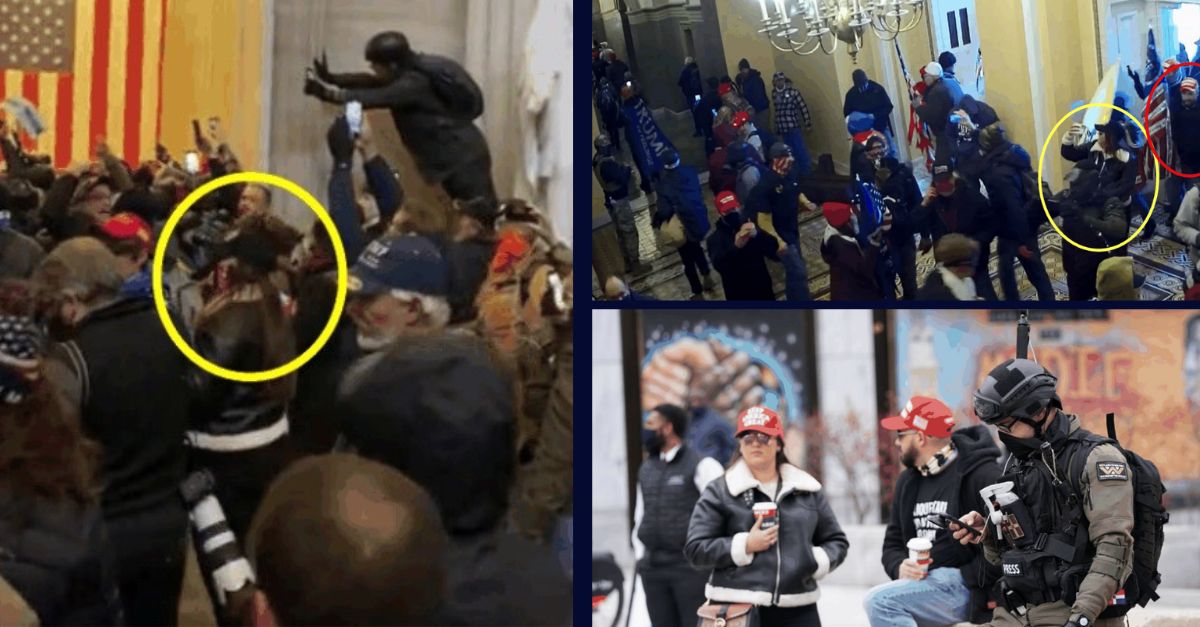 Left: Barbara Balmaseda, circled in yellow, appears in crowd inside the Capitol rotunda on Jan. 6 as police work to keep rioters at bay./ Top right: Balmaseda, circled in yellow, in surveillance footage, entering Capitol on Jan. 6. with Garcia behind her, circled in red. Bottom right: Balmaseda on morning of Jan. 6 having coffee with Garcia in Washington, D.C. Justice Department provided photos.