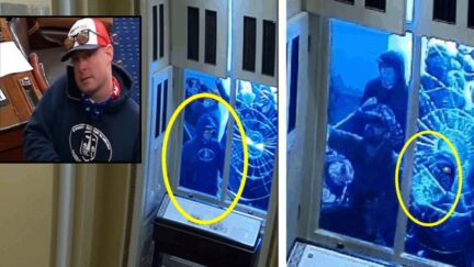 Inset: L. Brent Bozell IV appears on his cell phone in trial exhibit footage from inside the U.S. Capitol on Jan. 6, 2021. Background: Trial exhibit photos show Bozell, circled in yellow, walking up to a window and then bashing it apart further. Photos courtesy of U.S. Justice Department.