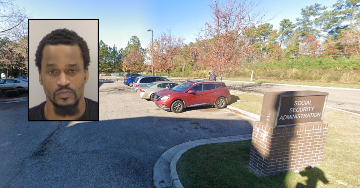 Background: The Social Security Administration Office on Robert C. Daniel Parkway in Augusta, Georgia that received a bomb scare by Keyon Tishaye Dickens, inset. Booking photo Richmond County Sheriff's Office.