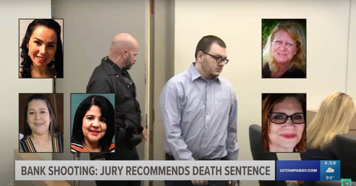 Zephen Allen Xaver killed Jessica Montague, top left inset; Ana Piñon-Williams, bottom left inset; Marisol Lopez, bottom middle inset; Cynthia Lee Watson, top right inset; and Debra Cook, bottom right inset. (Victim screenshots from WFLA/YouTube; Courtroom screenshot from WTSP/YouTube)