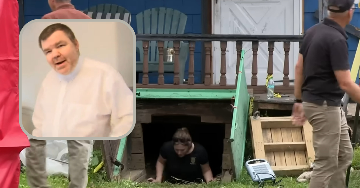 Brian Giles seen in the inset outside court. In the main image, authorities are searching the home he used to share with his slain wife, Nancy Giles, and slain girlfriend, Jilly Todaro. (Images: WJAC)