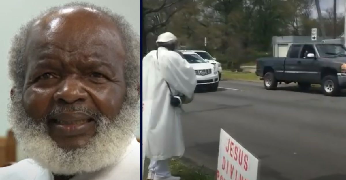 Left: Rev. Walker during an interview on June 4, 2024 with KTHV. Right: Walker preaching at intersection. Photos YouTube screengrab KTHV.