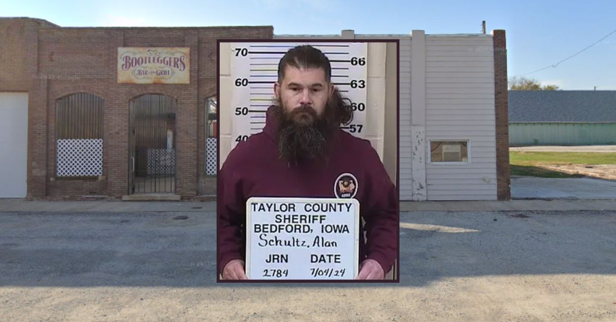 Inset: Alan Schultz (Iowa Dept. of Public Safety). Background: Bootleggers Bar & Grill, Clearfield, Iowa (Google Maps).