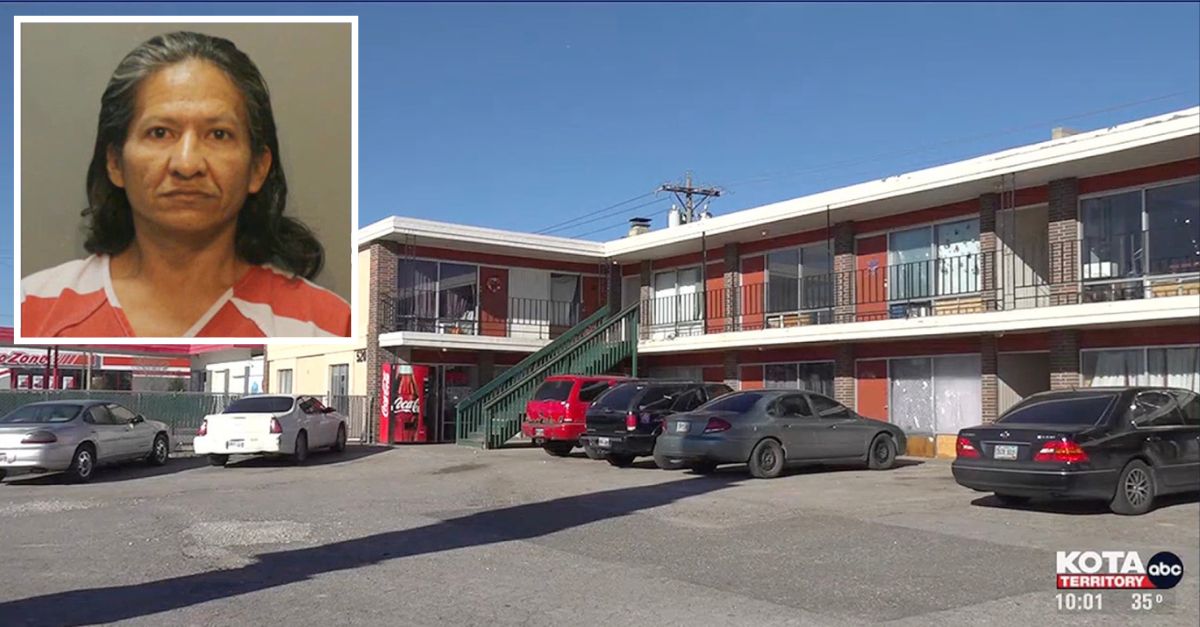 Inset: Pedro Simental (Pennington County Jail). Background: The motel where Simental allegedly killed a woman with a can of beans (KOTA).