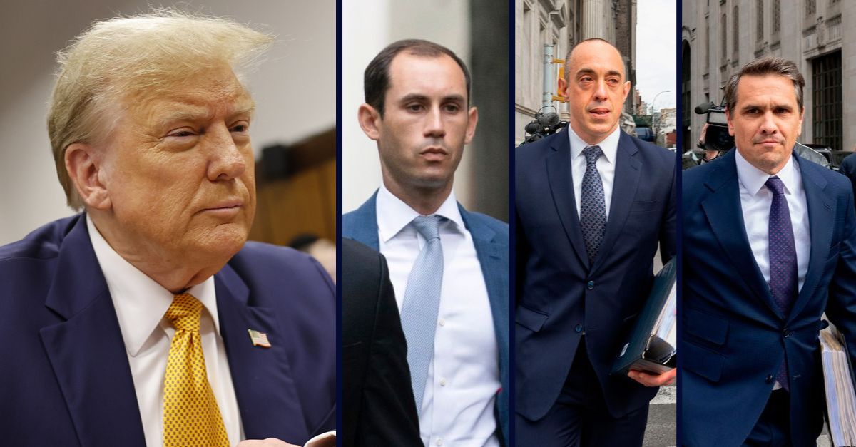 L-R: Former President Donald Trump appears at Manhattan criminal court before his trial in New York, Tuesday, May 14, 2024 (Michael M. Santiago/Pool Photo via AP). Trump attorney Stephen Weiss arrives outside of the federal courthouse on Monday, Aug. 28, 2023, in Washington, D.C. following Trump's indictment for allegedly subverting the 2020 election (AP Photo/Jose Luis Magana). Emil Bove exits the New York State appellate court, Monday, April 8, 2024, in New York (AP Photo/Peter K. Afriyie). Todd Blanche exits the New York State appellate court, Monday, April 8, 2024, in New York (AP Photo/Peter K. Afriyie).