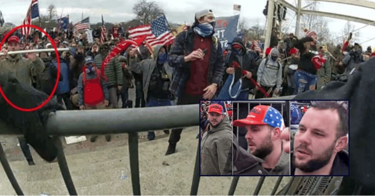 vBackground: Screenshots from body worn camera footage on Jan. 6, 2021, at U.S. Capitol shows Garth Nathaniel Walton, circled in red, holding a long white pole before allegedly throwing it at police officers. Inset: Images show Walton at the U.S. Capitol on Jan. 6, 2021. Photos courtesy U.S. Justice Department.