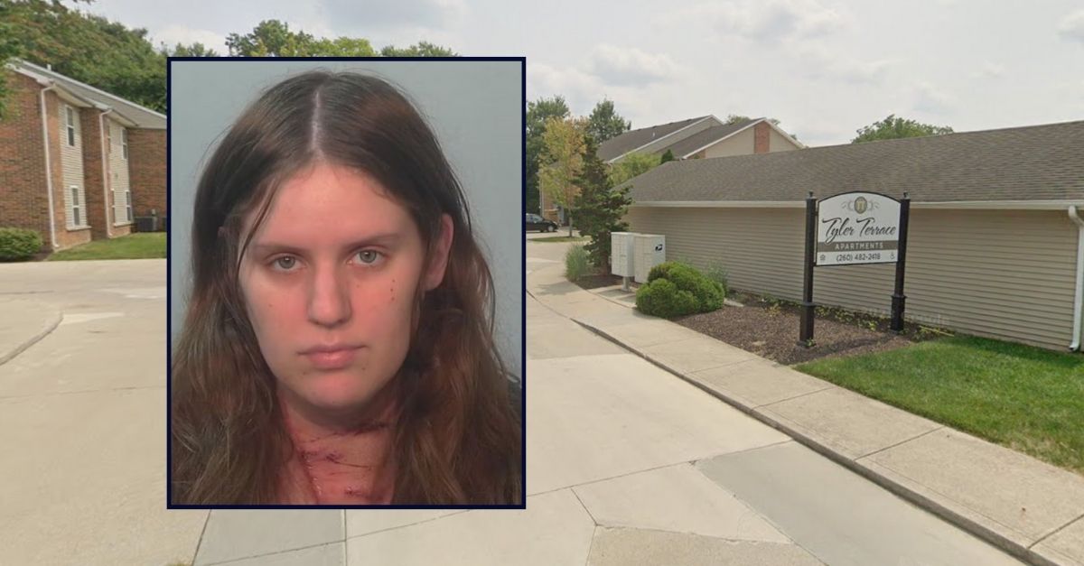Bethany Fleming appears inset against an image of the apartment complex where she attacked her son with a hammer.