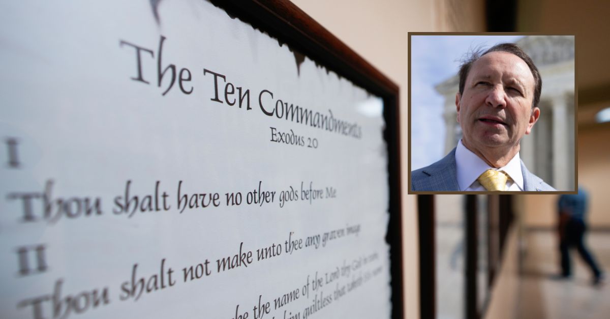 Background: FILE - A copy of the Ten Commandments is posted along with other historical documents in a hallway of the Georgia Capitol, Thursday, June 20, 2024, in Atlanta (AP Photo/John Bazemore, File). Inset: Louisiana Gov. Jeff Landry speaks with reporters outside the U.S. Supreme Court after justices heard oral arguments in Murthy v. Missouri, a first amendment case involving the federal government and social media platforms in Washington, D.C., March 18, 2024 (Francis Chung/POLITICO via AP Images).