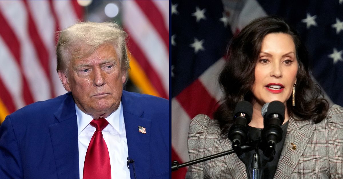  Republican presidential nominee former President Donald Trump listens at a business roundtable discussion at a campaign event at Precision Components Group, Monday, Aug. 19, 2024, in York, Pa. (AP Photo/Julia Nikhinson). Right: Gov. Gretchen Whitmer speaks at the NAACP Detroit branch Fight for Freedom Fund dinner in Detroit, Sunday, May 19, 2024 (AP Photo/Paul Sancya).