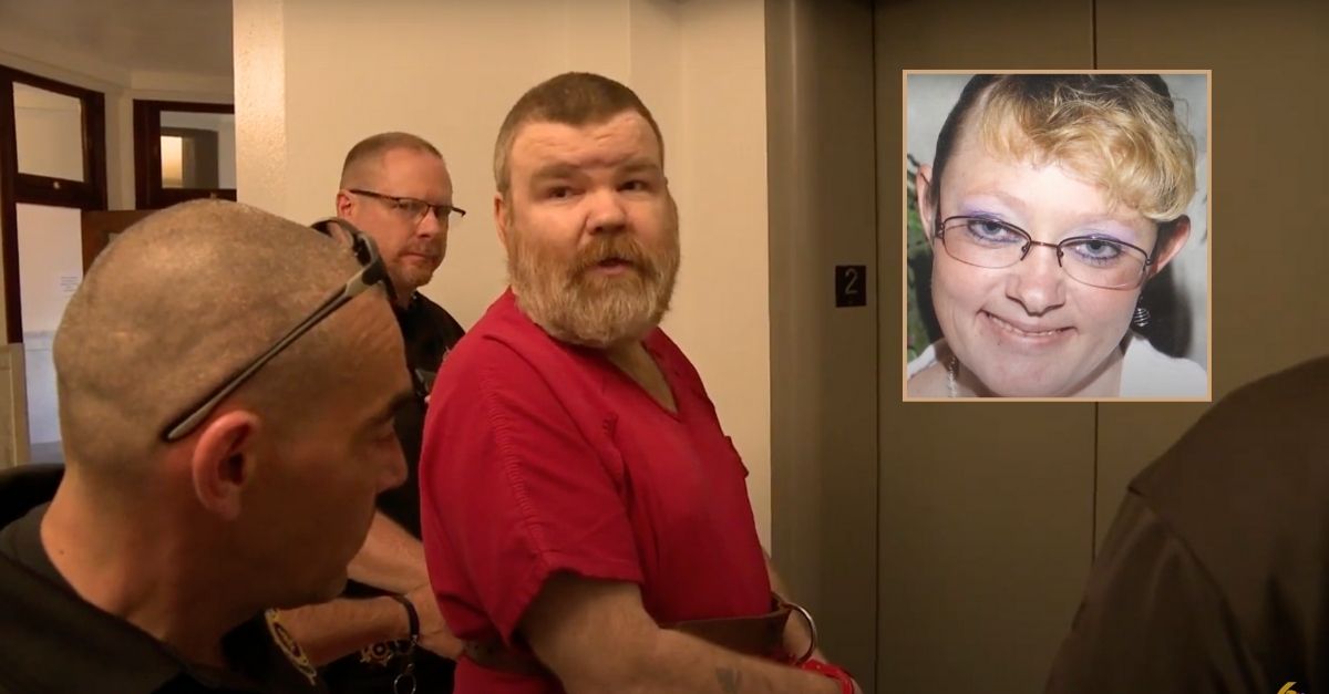 Inset: Nancy Giles (WTAJ/YouTube). Background: Brian Giles being escorted out of a Pennsylvania courtroom (WJAC/YouTube).