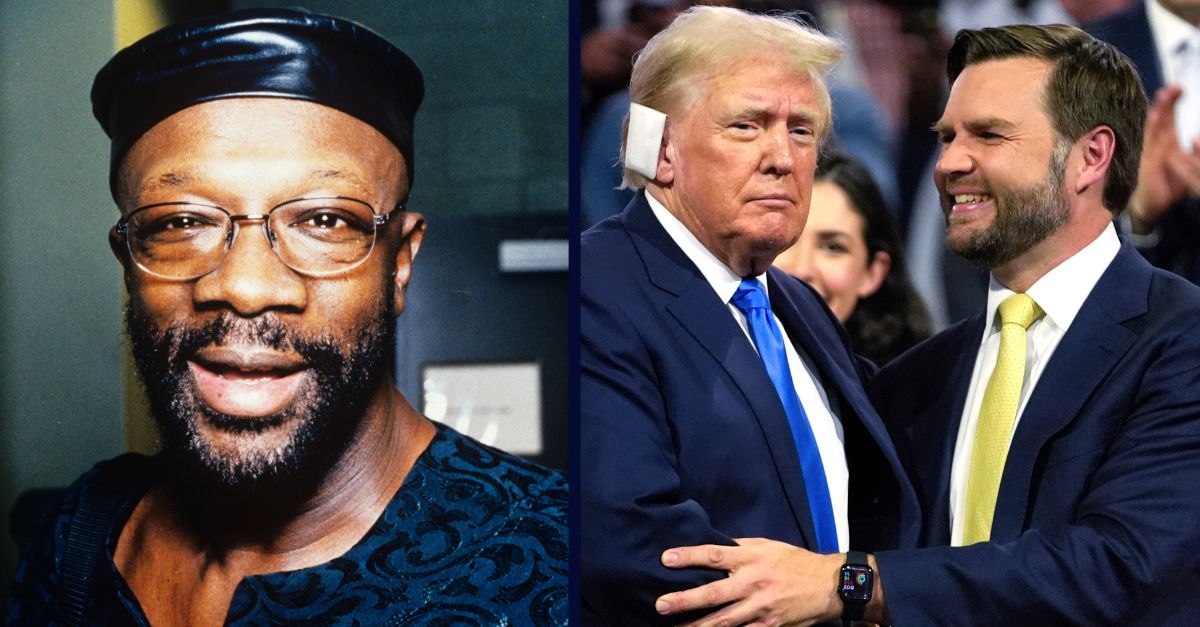 Left: Grammy-winning musician Isaac Hayes in May 2000 (Scott Weiner / MediaPunch /IPX). Right: Republican presidential candidate and former President Donald Trump (left) is introduced alongside Republican vice presidential candidate Sen. JD Vance (R-Ohio) during the Republican National Convention on July 16, 2024, in Milwaukee (AP Photo/Paul Sancya).