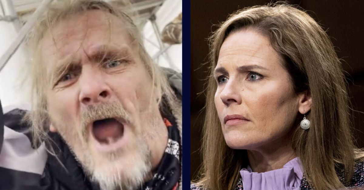 Left: Bradley Nelson, Jan. 6, 2021, U.S. Capitol (Justice Department). Right: Supreme Court nominee Judge Amy Coney Barrett testifies before the Senate Judiciary Committee on the third day of her Supreme Court confirmation hearing on Capitol Hill on October 14, 2020 in Washington, DC. (Photo by Sarah Silbiger-Pool/Getty Images).