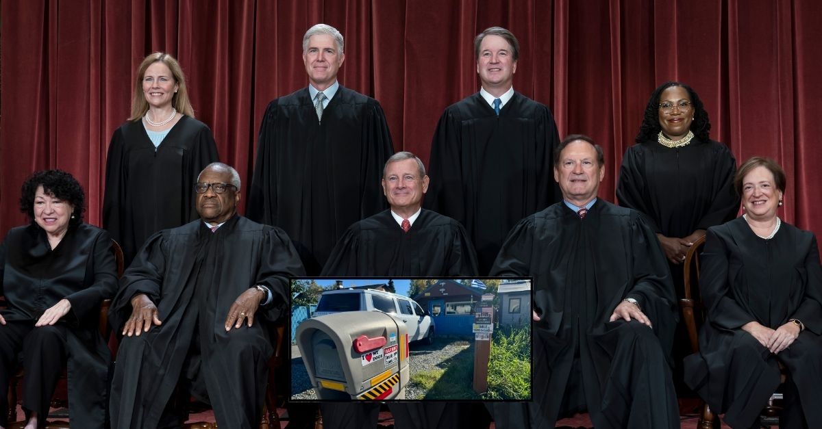 Members of the Supreme Court sit for a new group portrait following the addition of Associate Justice Ketanji Brown Jackson, at the Supreme Court building in Washington, Friday, Oct. 7, 2022. Bottom row, from left, Associate Justice Sonia Sotomayor, Associate Justice Clarence Thomas, Chief Justice of the United States John Roberts, Associate Justice Samuel Alito, and Associate Justice Elena Kagan. Top row, from left, Associate Justice Amy Coney Barrett, Associate Justice Neil Gorsuch, Associate Justice Brett Kavanaugh, and Associate Justice Ketanji Brown Jackson (AP Photo/J. Scott Applewhite). Inset: A home owned by Panos Anastasiou, who has been charged in federal court for allegedly sending graphic threats to U.S. Supreme Court justices and their families, is shown in Anchorage, Ala., Thursday, Sept. 19, 2024. (AP Photo/Mark Thiessen) 