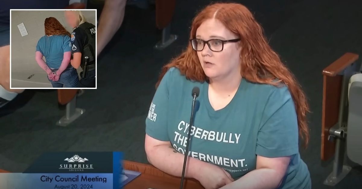 Main: Rebekah Massie speaking at Surprise, Arizona city council meeting just before her arrest (Surprise City Council). Inset: Massie being arrested over her public comments (Surprise Police Dept.).