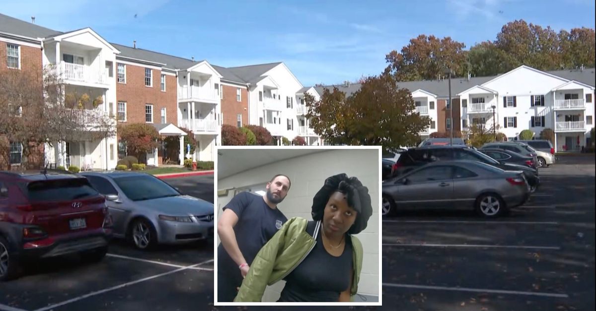 Inset: Domonique Knowles being arrested (WKYC). Background: The apartment complex where she left her kids unattended for several days (WOIO).